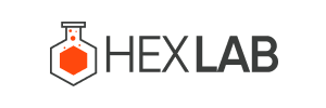 "HexLab logo featuring orange hexagonal flask icon with black text"