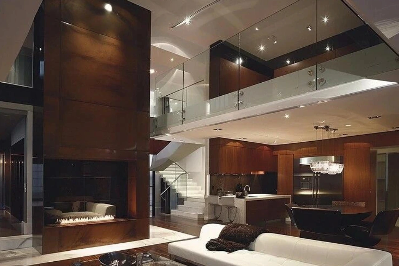 "Modern luxury penthouse interior with double-height fireplace, glass staircase, and open-concept kitchen"