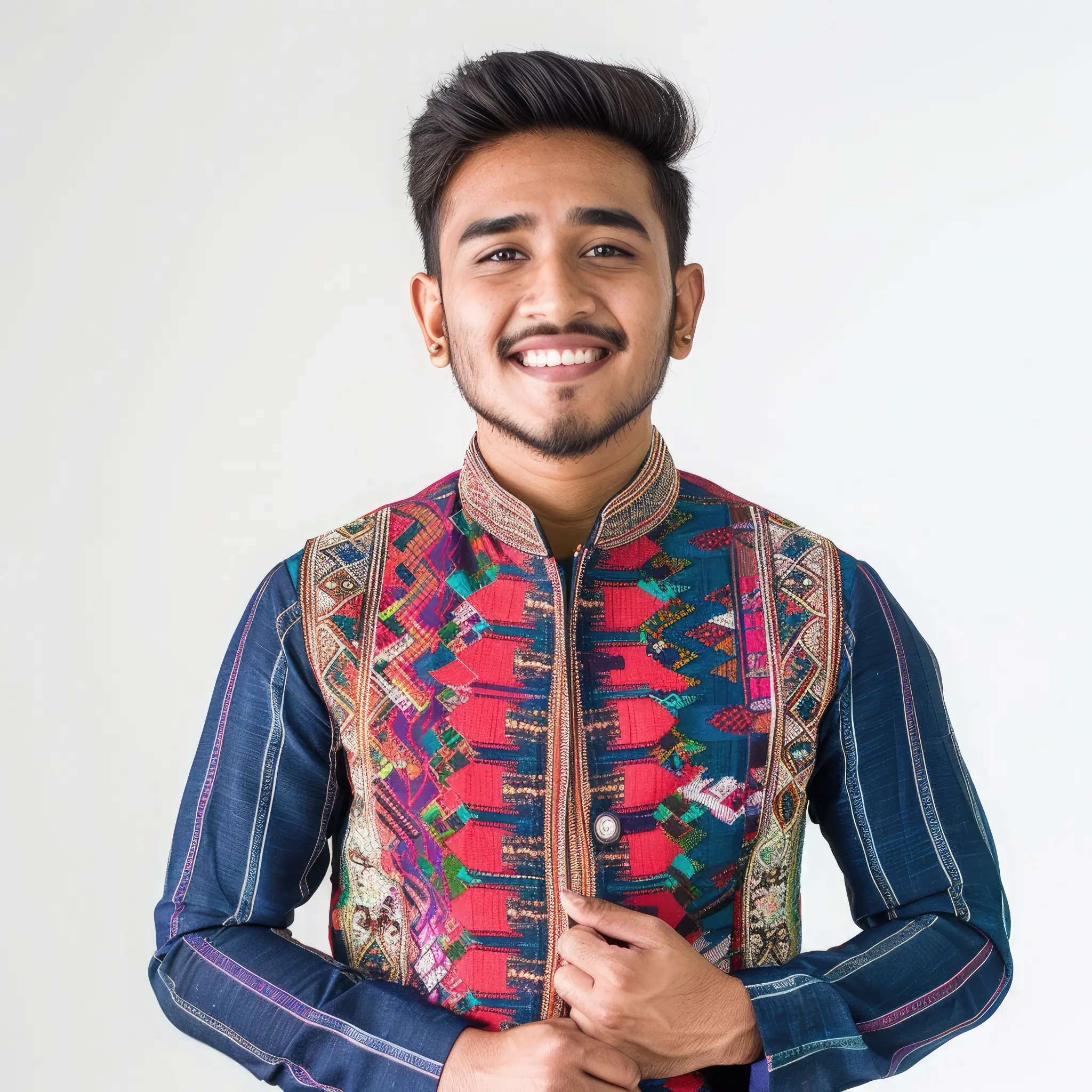 "Young Indian man wearing colorful traditional vest smiling at camera"