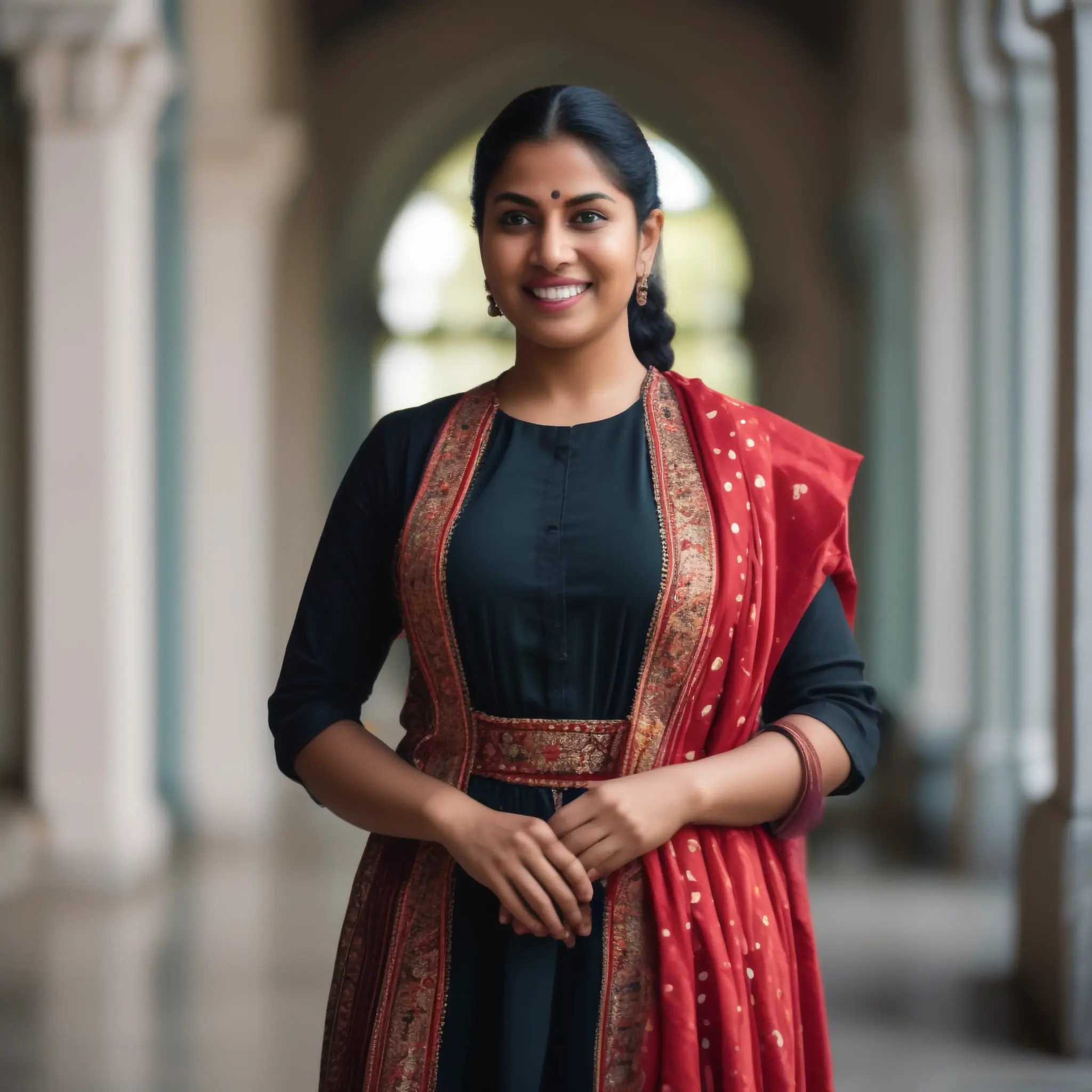 "Indian woman wearing traditional black Anarkali suit with red embroidered dupatta smiling in architectural corridor"