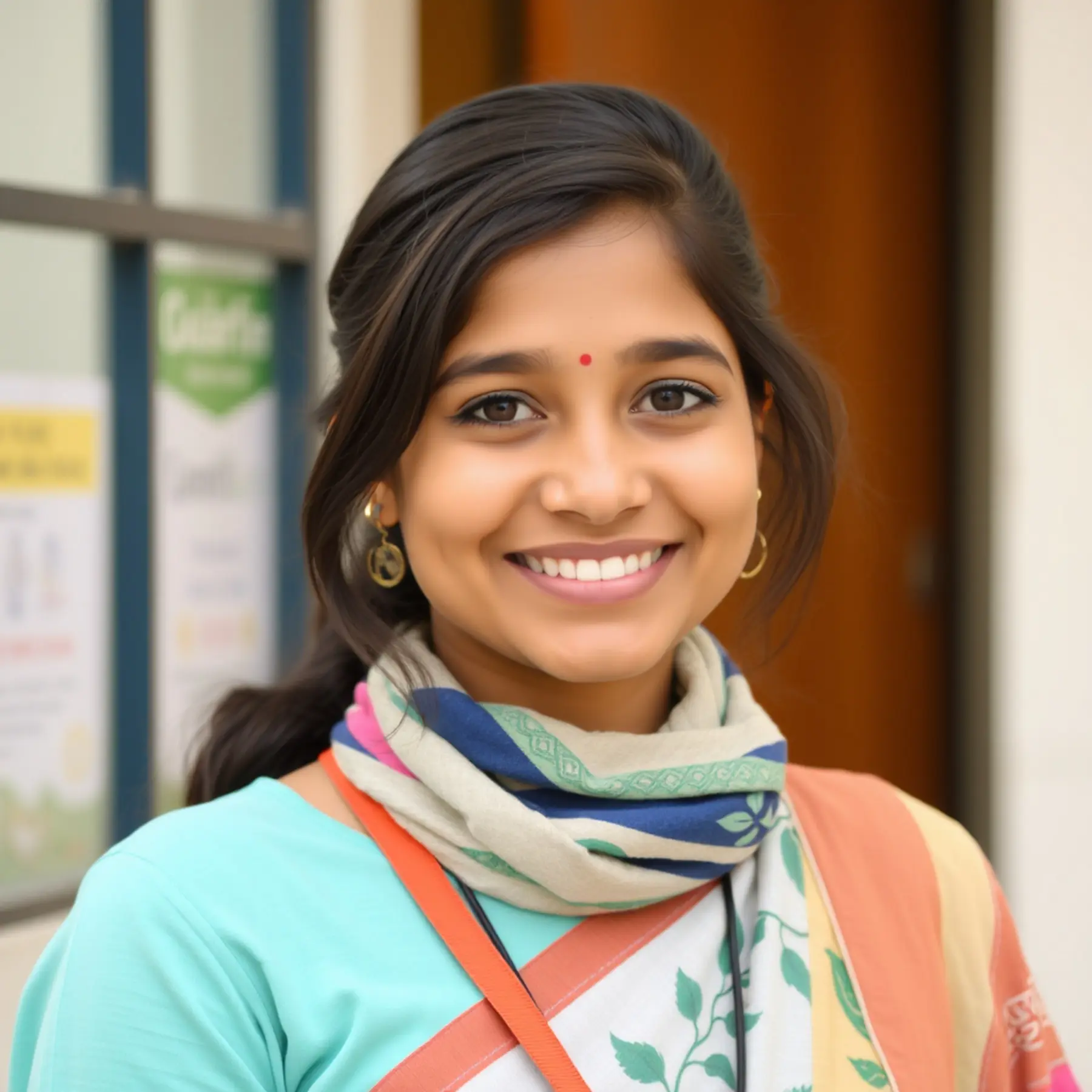 "Young Indian woman smiling in colorful attire"