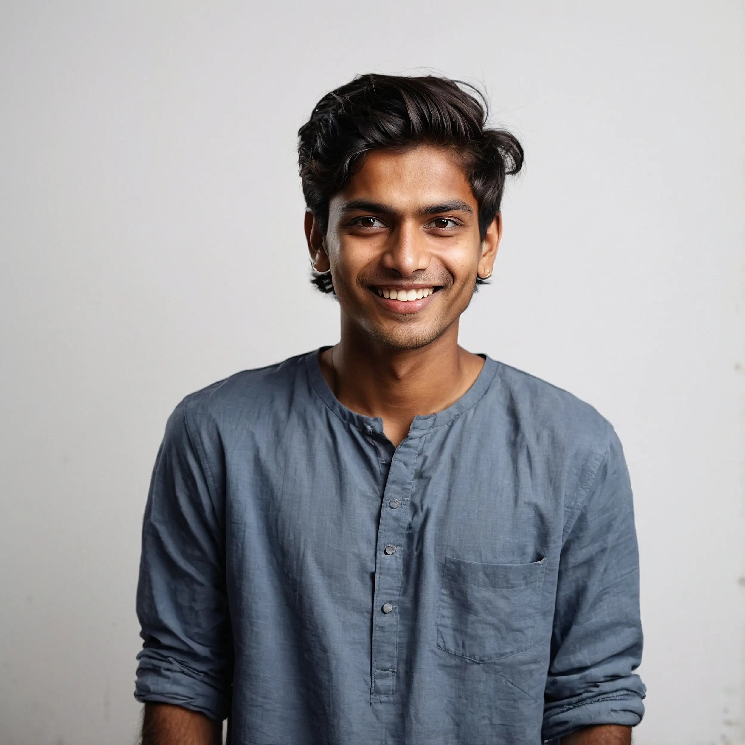 "Young Indian man smiling wearing grey collarless shirt against white background"