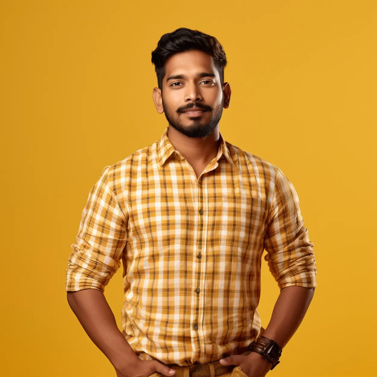 "Young Indian man wearing yellow plaid shirt smiling against golden background professional portrait"