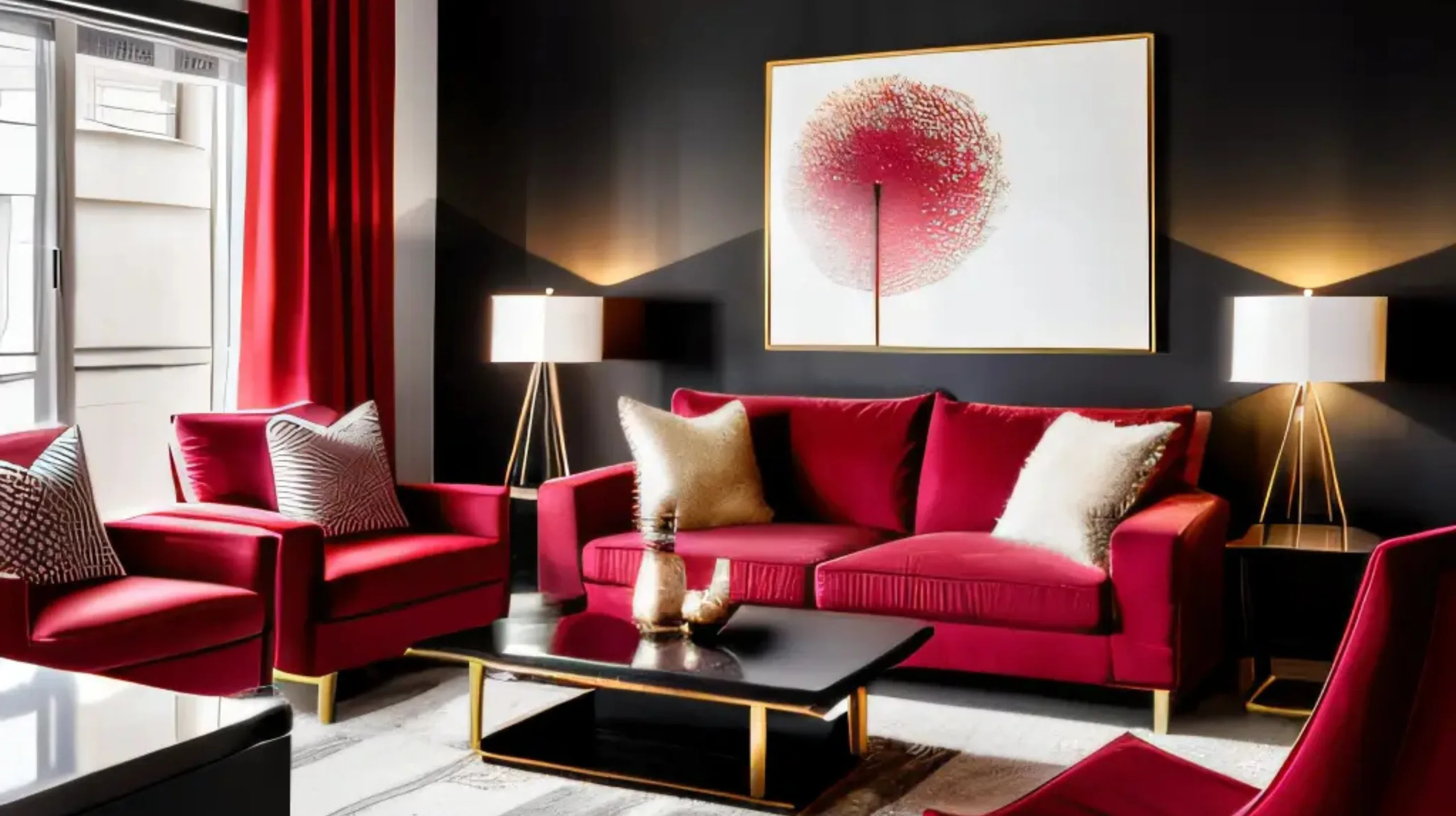 "Modern luxury living room interior with red velvet sofas, black walls, gold accents, and contemporary abstract art"