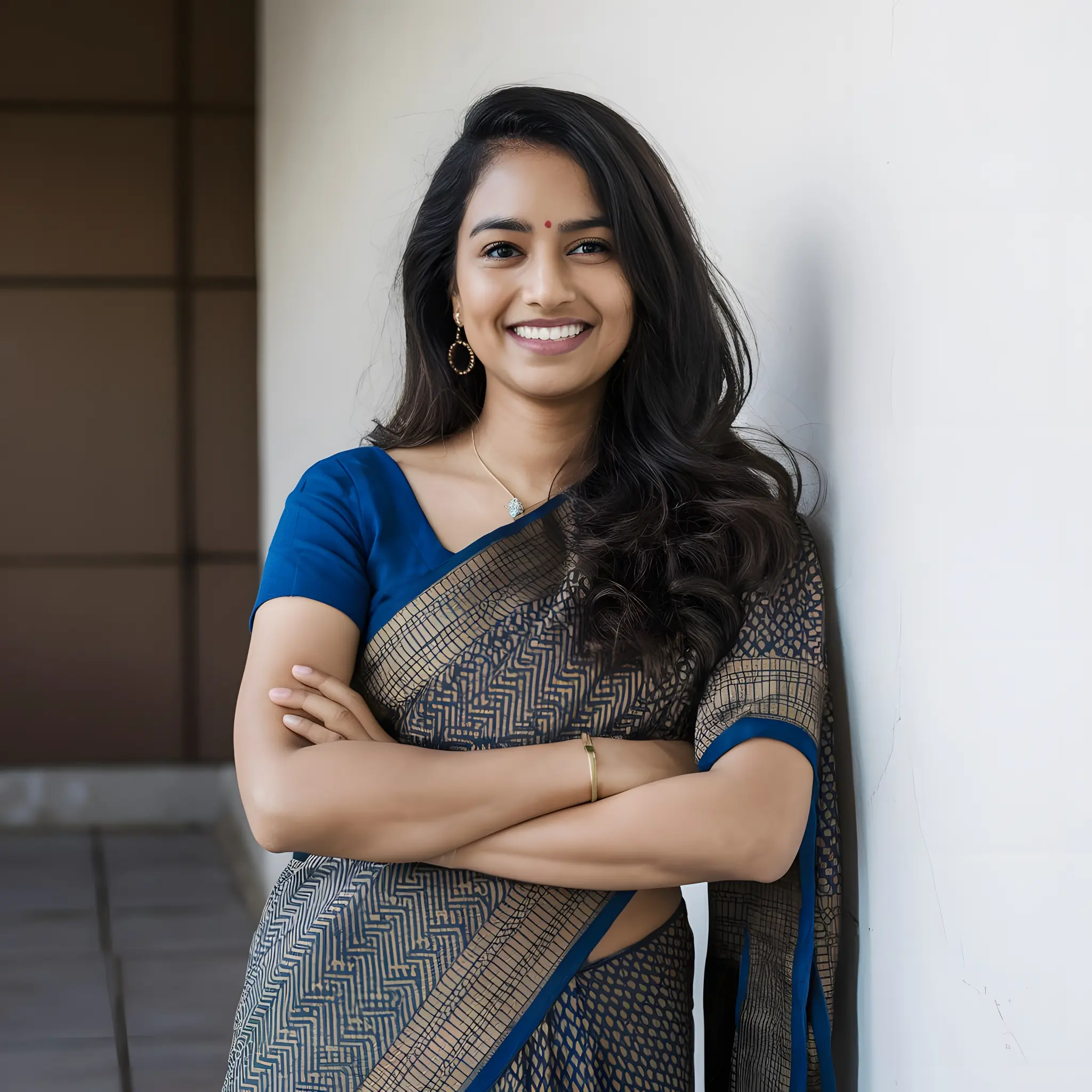 "Young Indian woman wearing elegant grey and blue geometric pattern saree with royal blue blouse, smiling confidently against white wall"