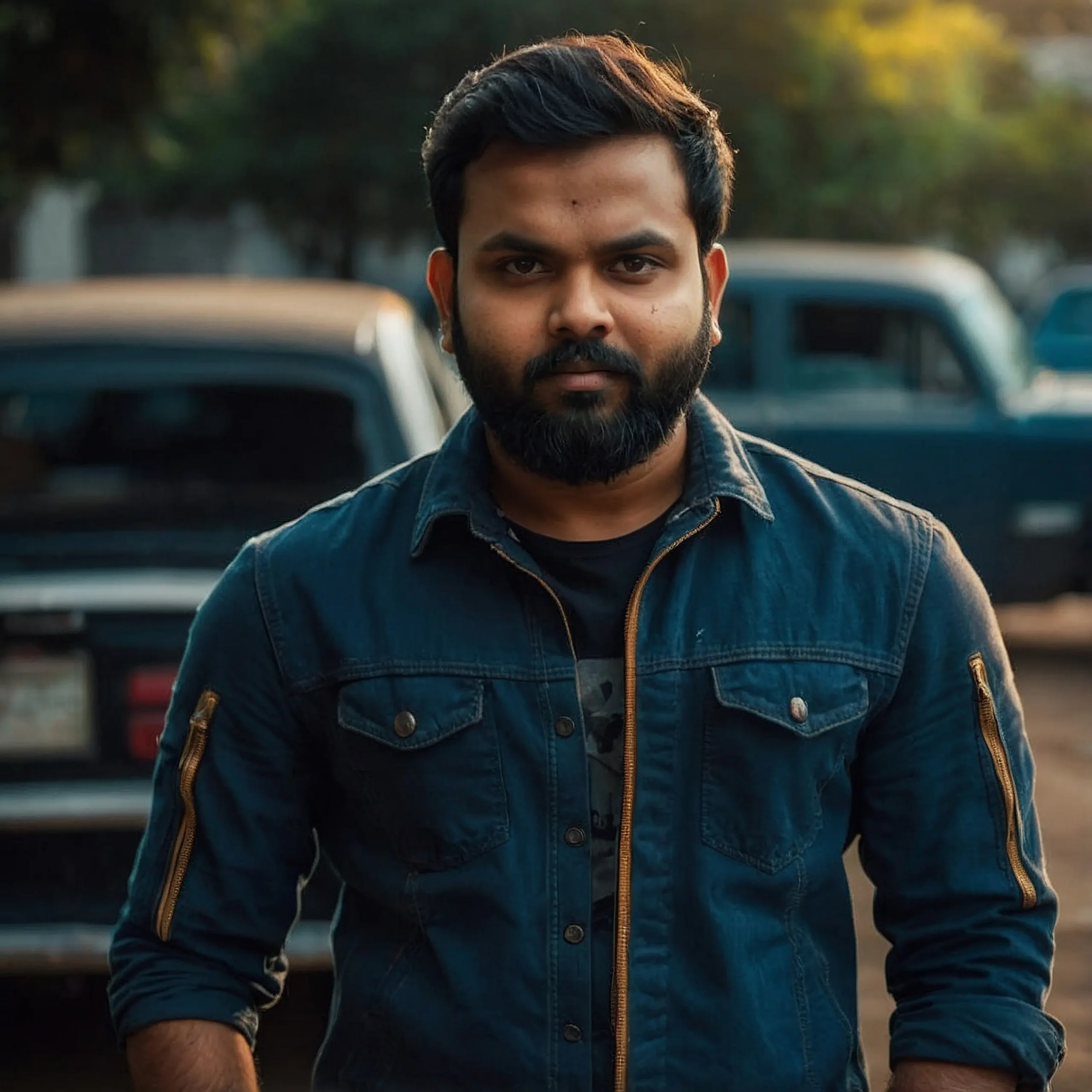 "Man in blue denim jacket standing in front of parked cars"