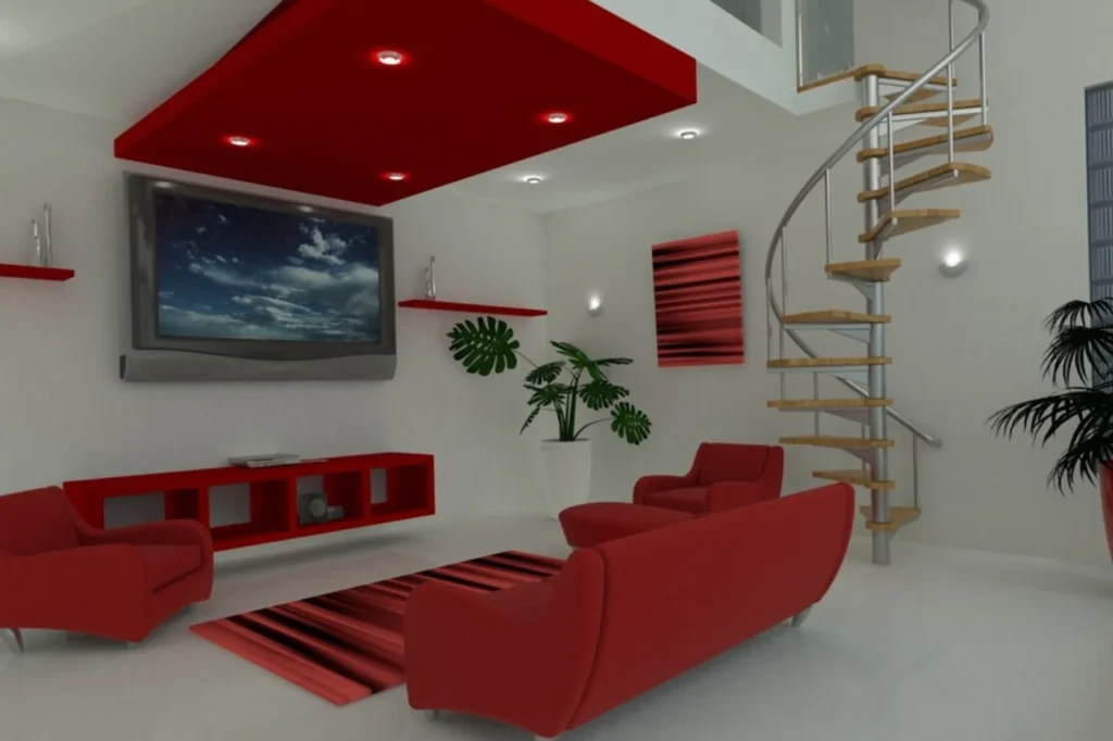 "Modern minimalist living room with red and white color scheme, spiral staircase, and wall-mounted TV"