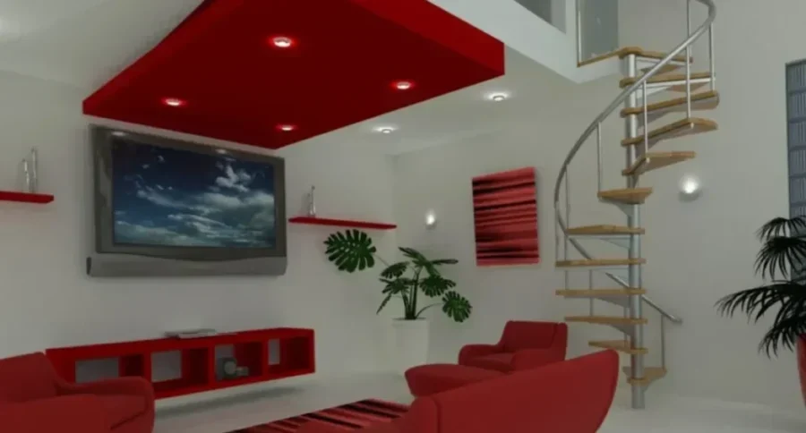 "Modern minimalist living room with red and white color scheme, spiral staircase, and wall-mounted TV"