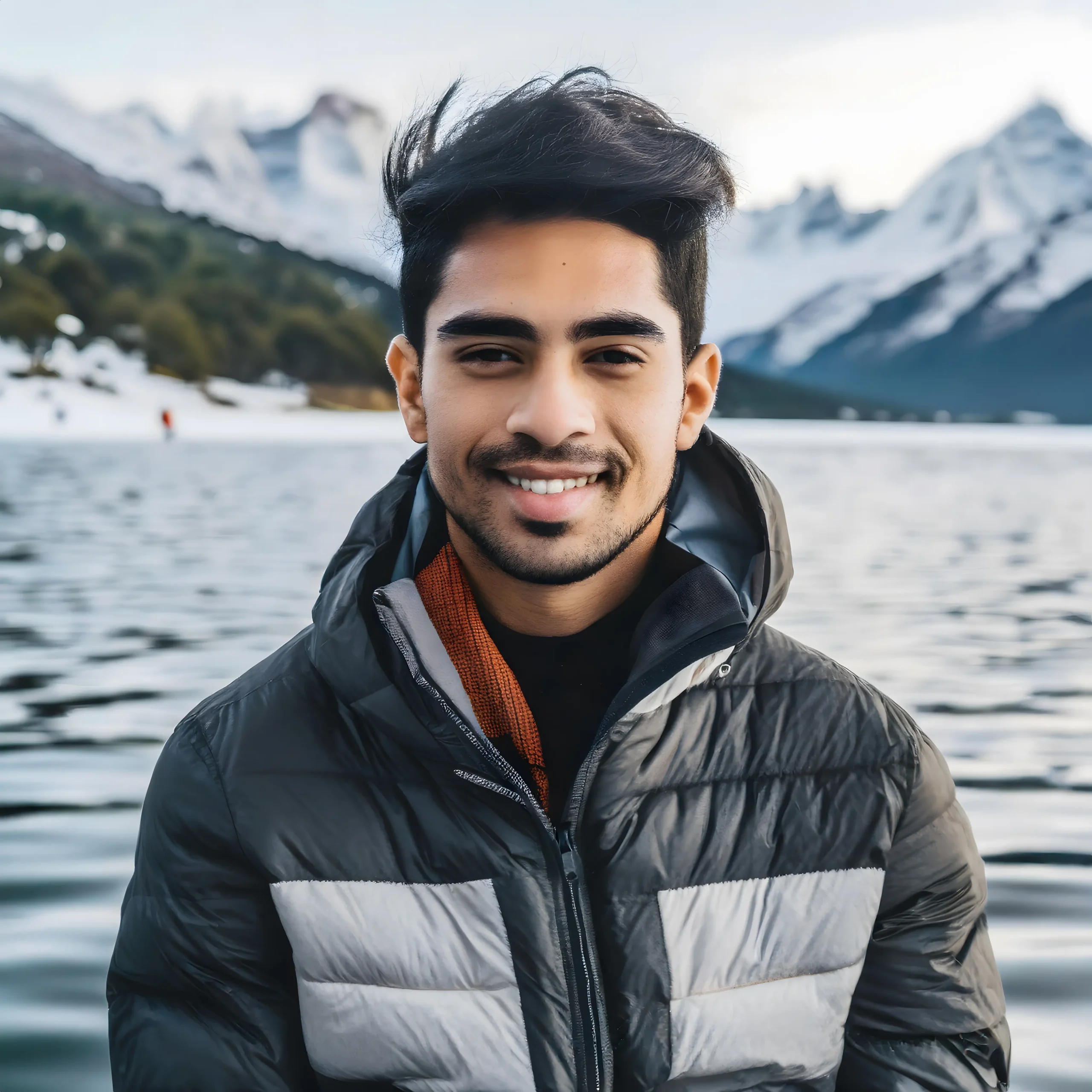 "Young man wearing winter puffer jacket smiling against snowy mountain landscape at lakeside"