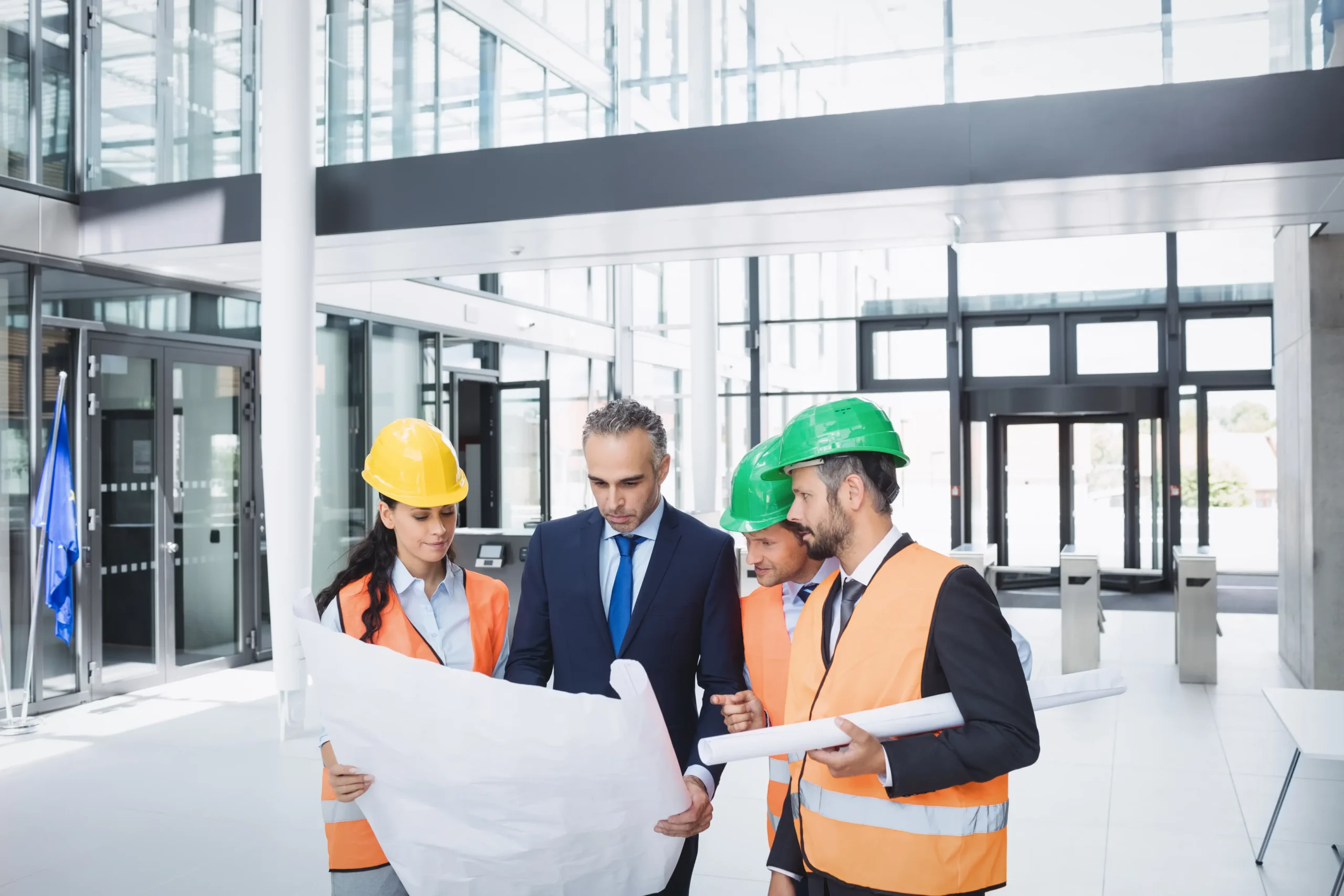 "Construction professionals reviewing blueprints in modern office building with safety gear"