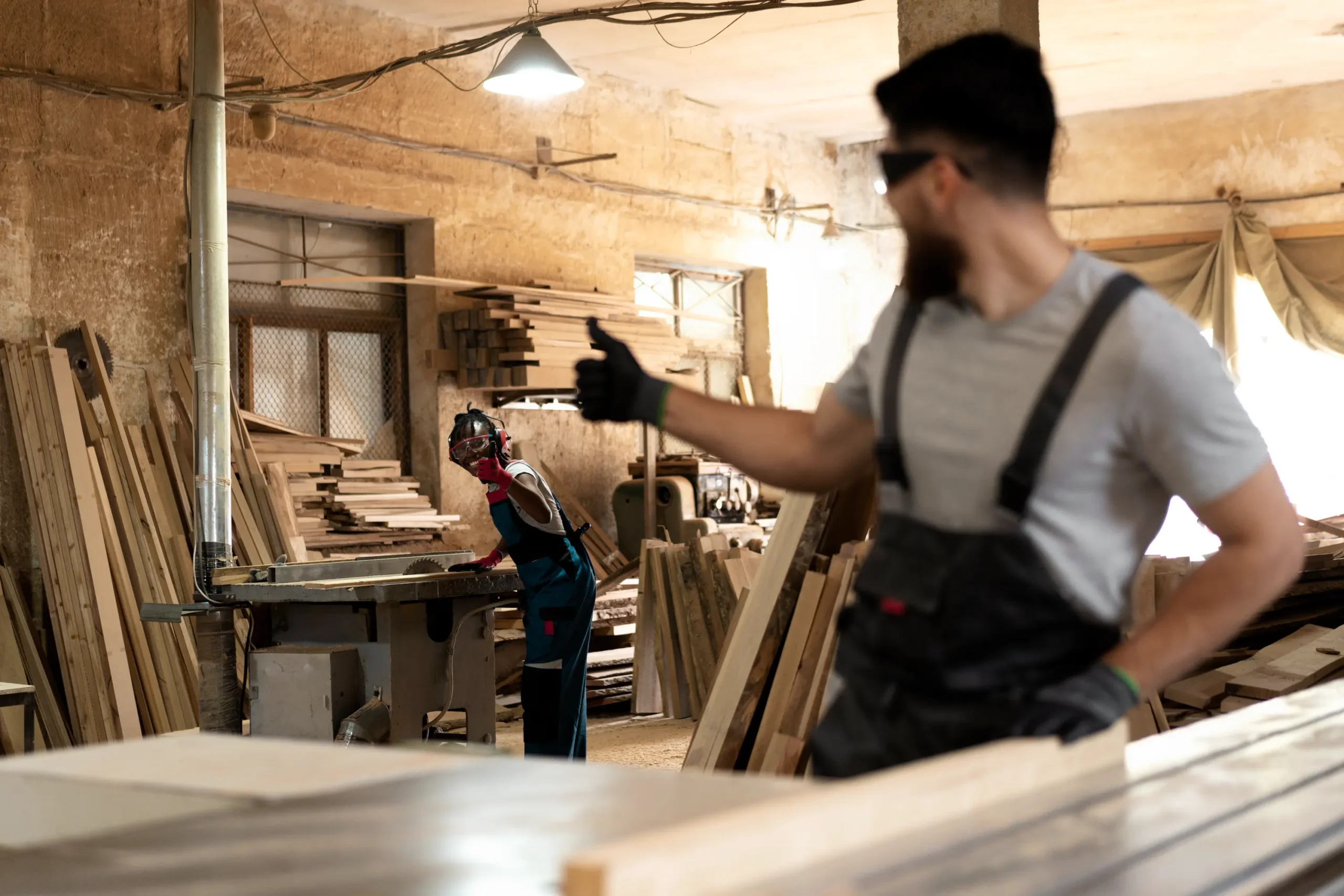 "Carpenters working in woodworking workshop with safety equipment and power tools"