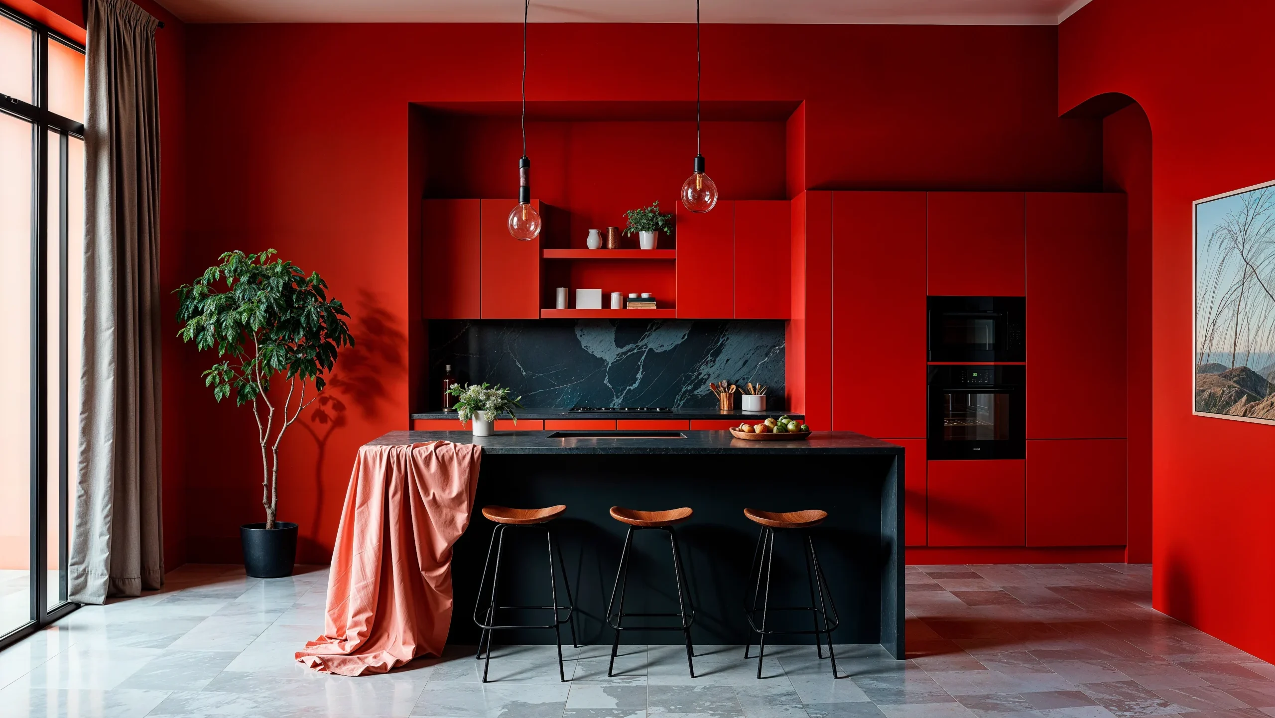 "Modern red kitchen interior with black marble backsplash, minimalist design, pendant lighting, and breakfast bar"