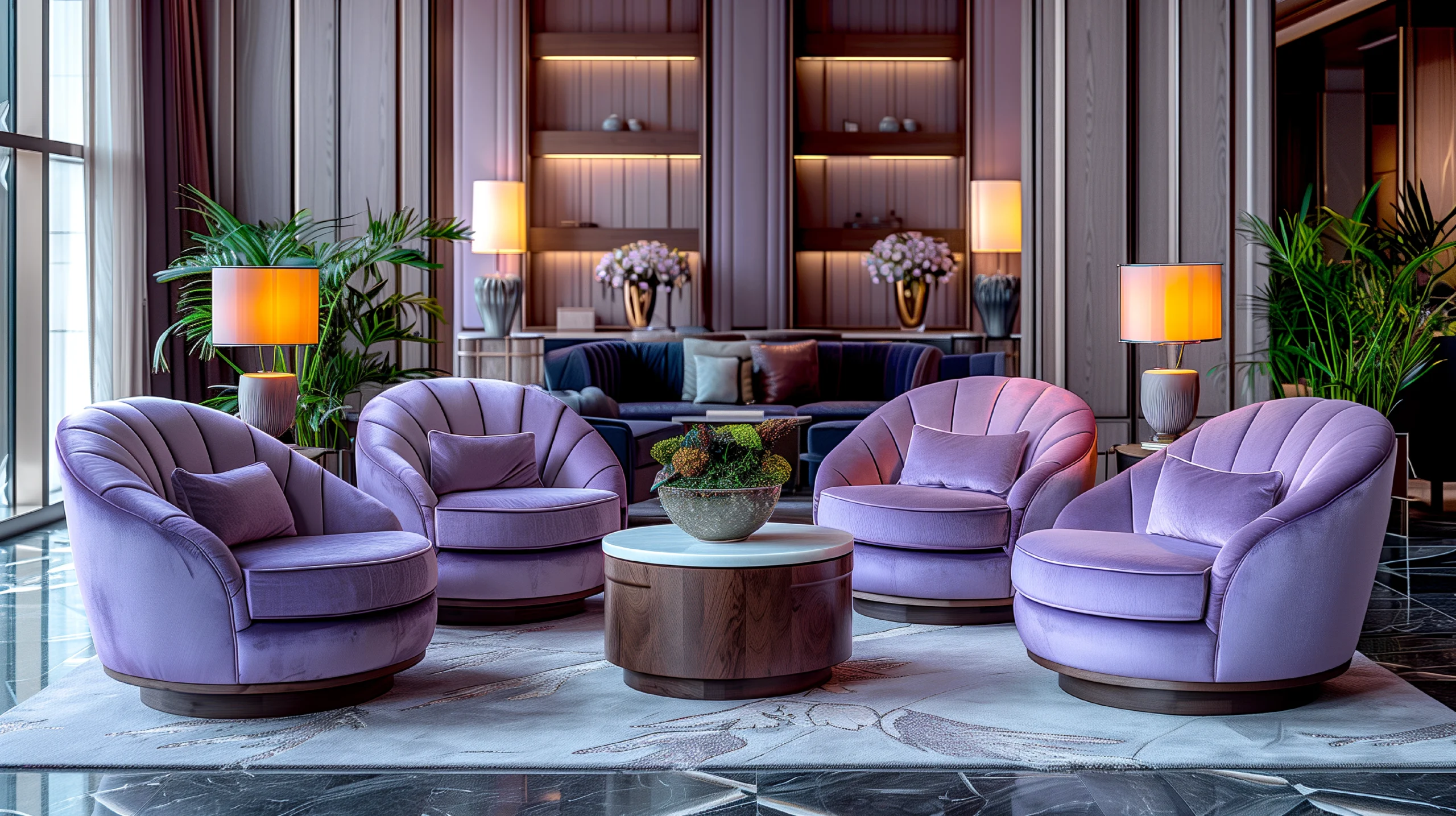 "Luxurious hotel lobby with lavender velvet swivel chairs and modern interior design"