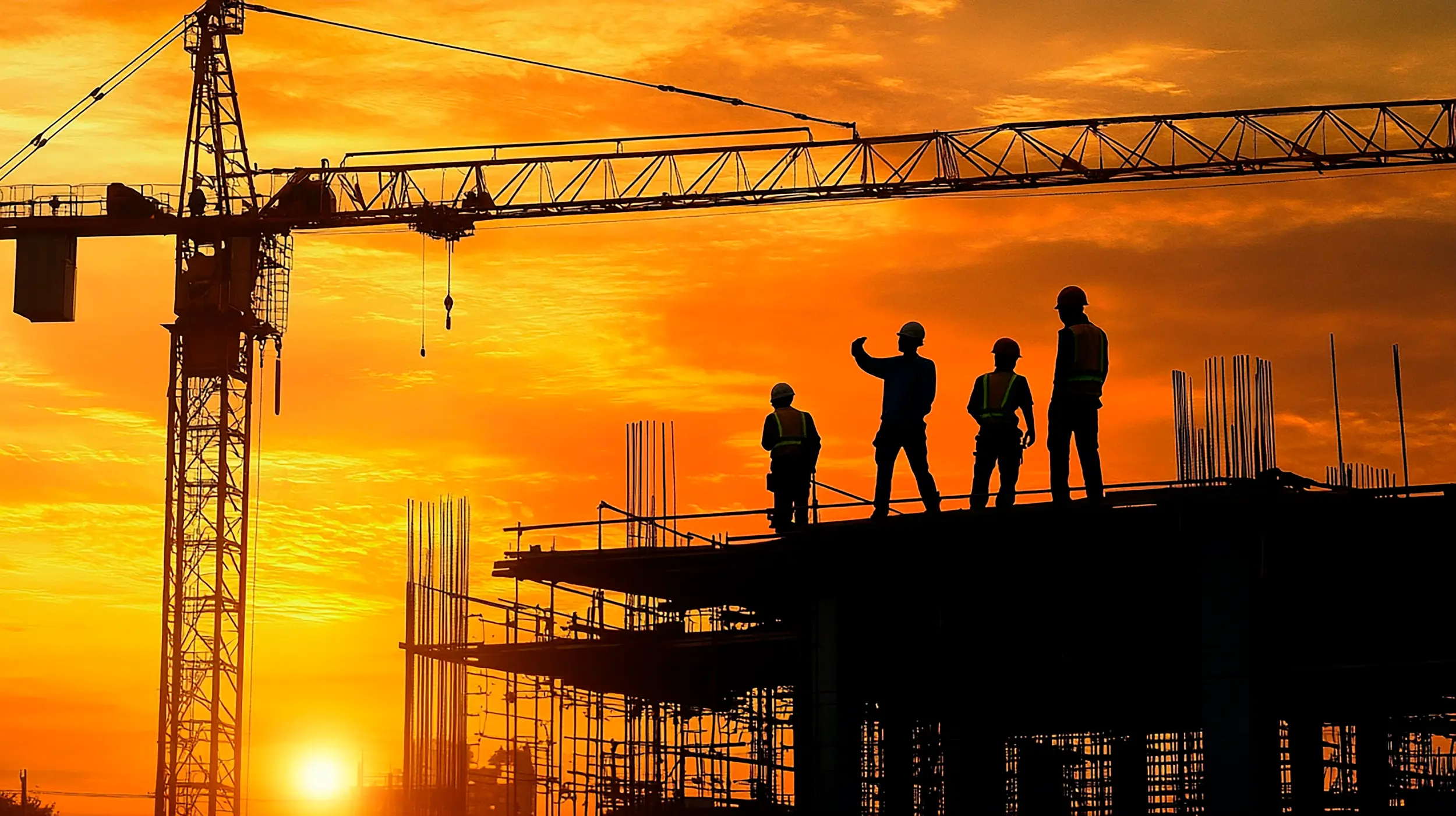 "Construction workers silhouetted against orange sunset sky with tower crane on building site"