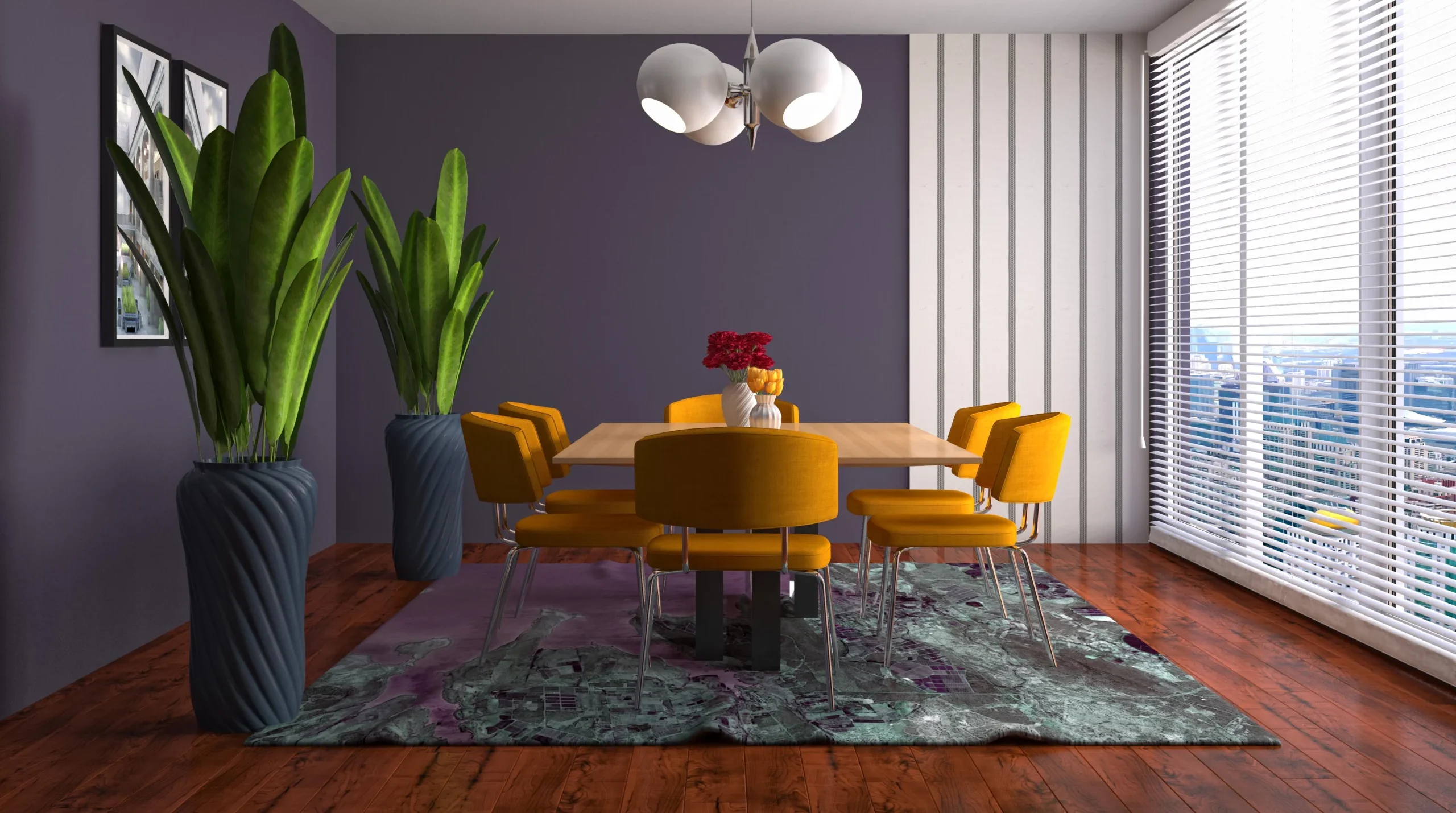 "Modern dining room interior with mustard yellow chairs, purple accent wall, large indoor plants, and contemporary lighting fixture"