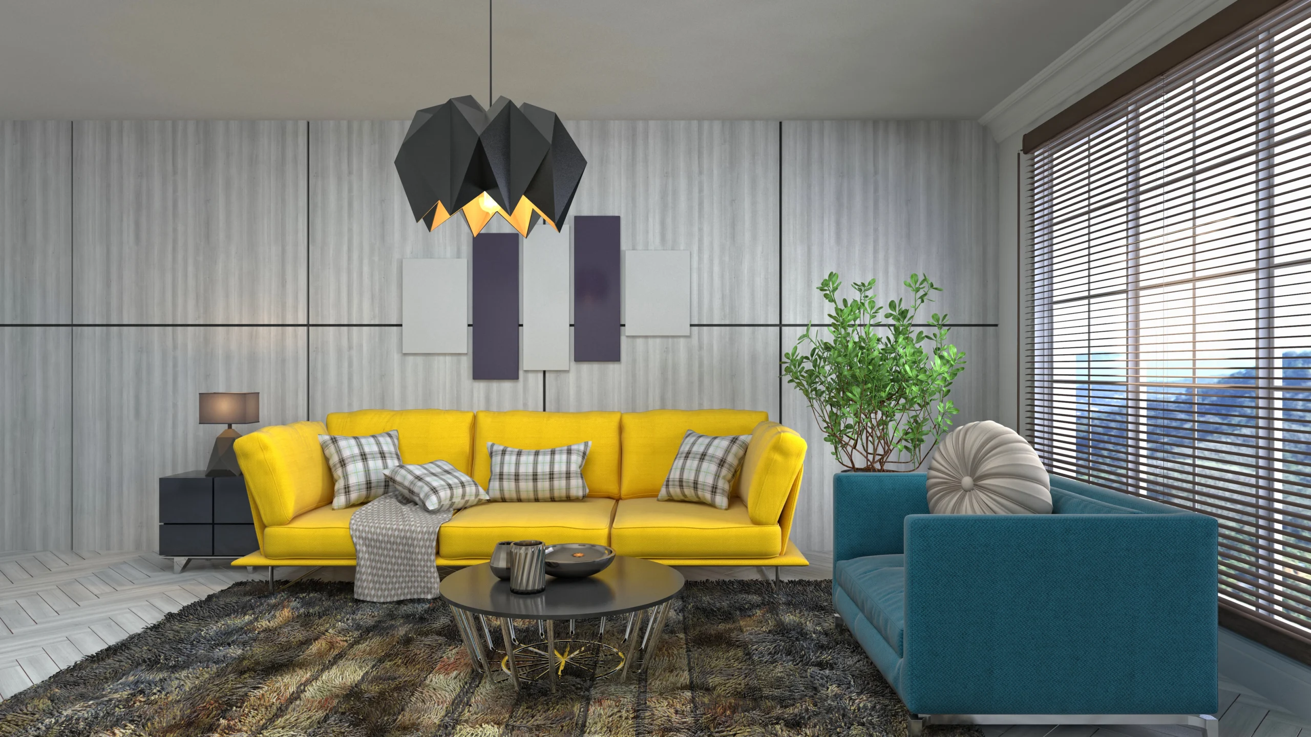 "Modern living room interior design with yellow sofa, teal accent chair, geometric pendant light, and contemporary decor"