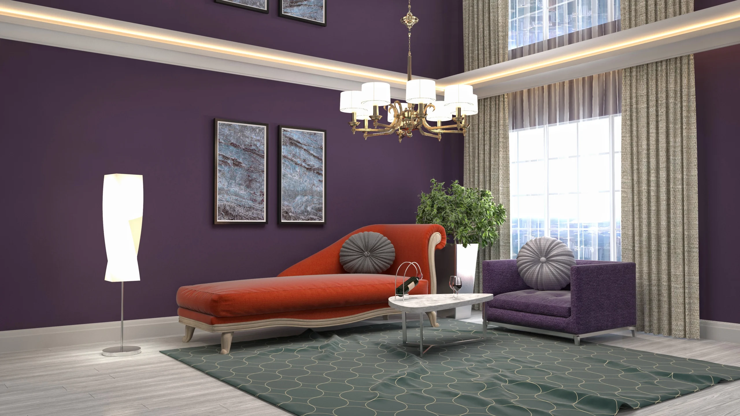 "Modern luxury living room with deep purple walls, orange chaise lounge, and contemporary decor"