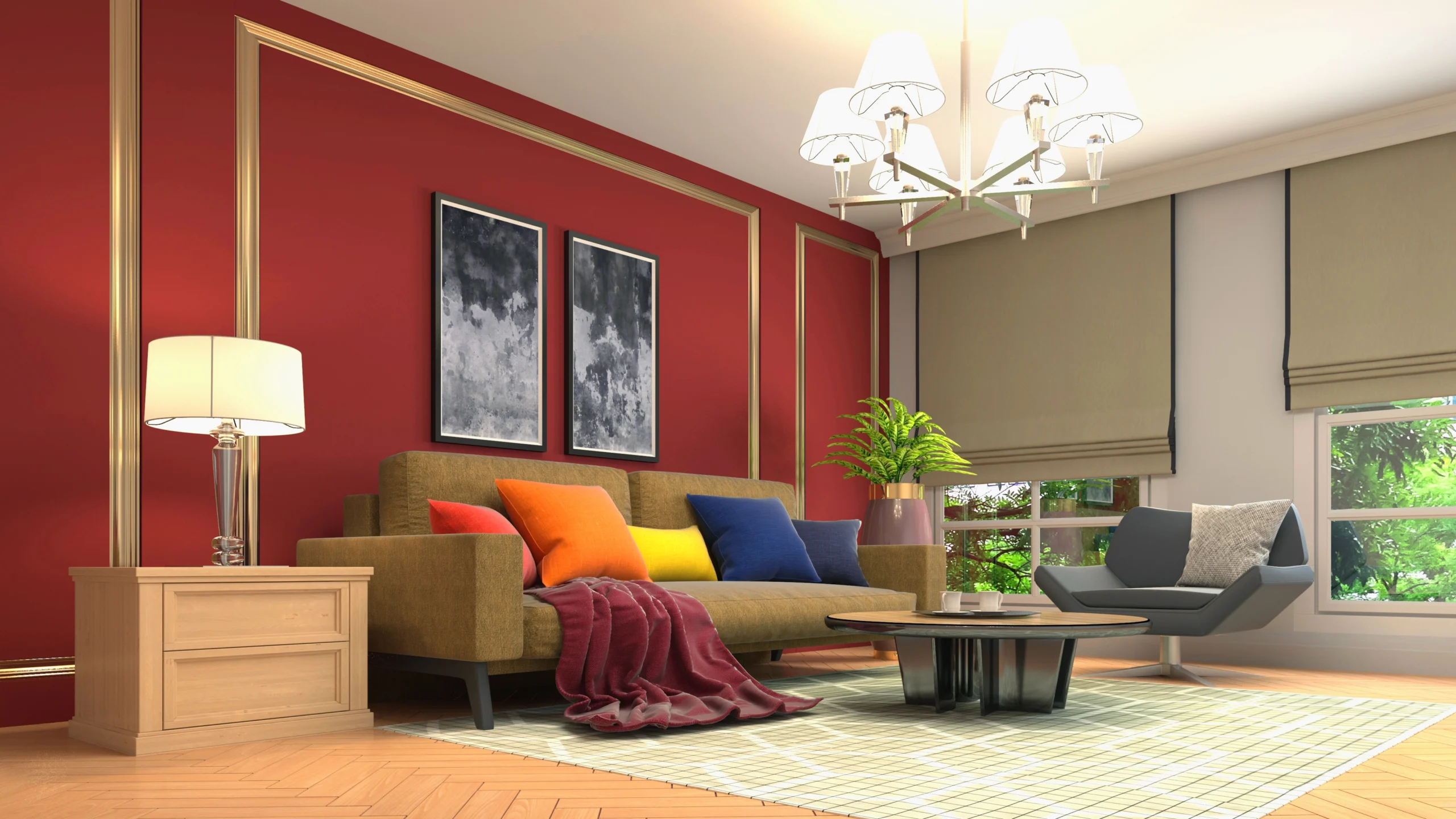 "Modern living room interior with red accent wall, brown sofa, colorful throw pillows, and contemporary decor"