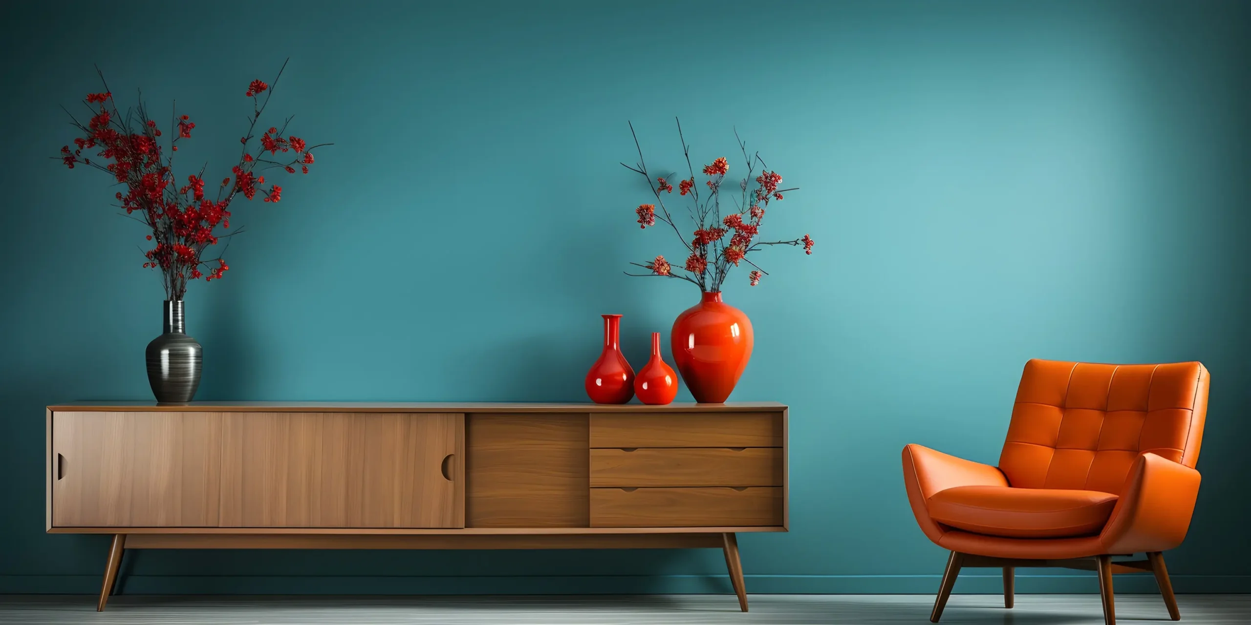 "Mid-century modern living room with teal wall, wooden sideboard, orange leather accent chair, and red ceramic vases"