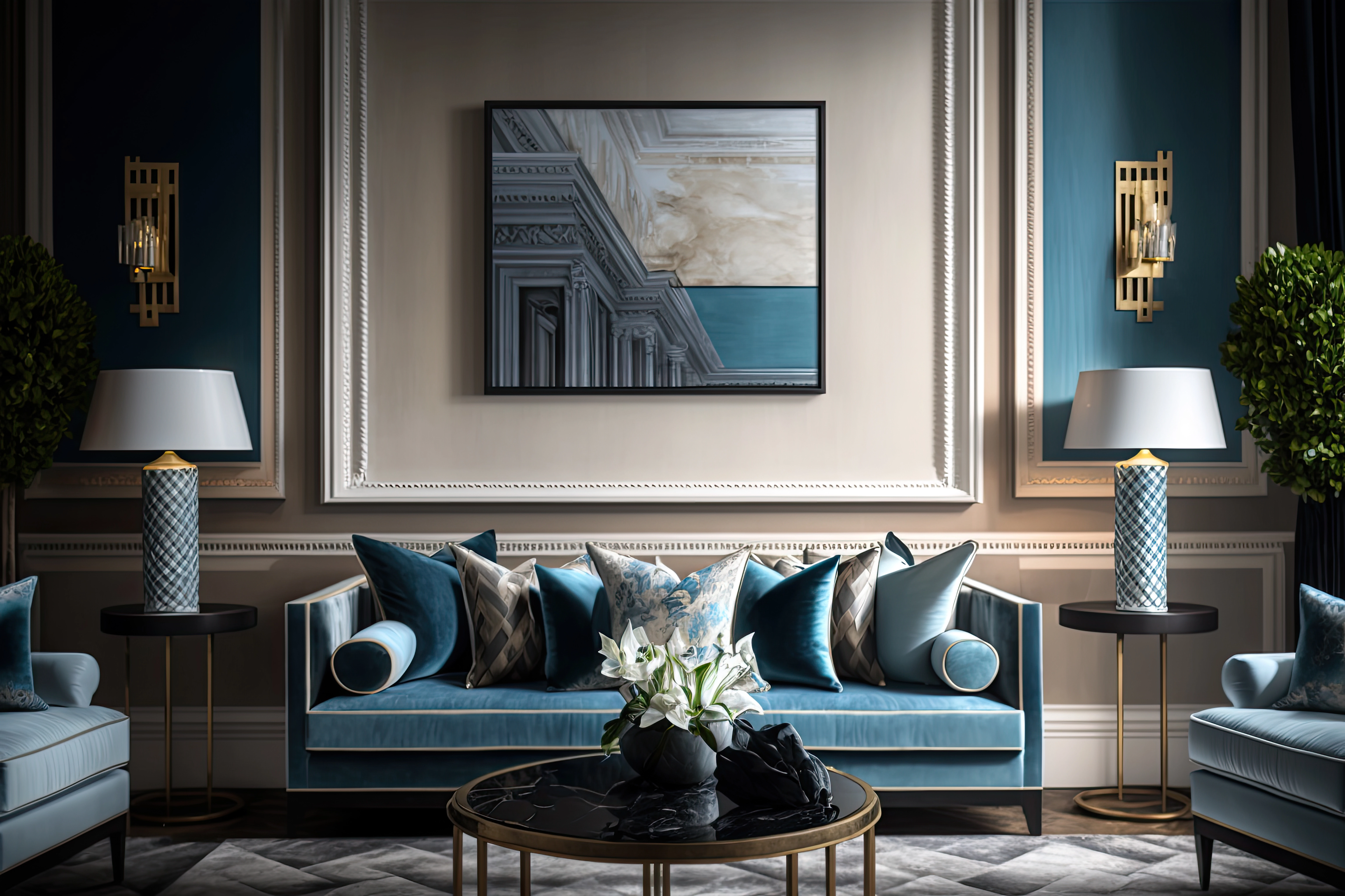 "Luxury living room interior with teal velvet sofa, architectural wall art, and modern gold sconces"