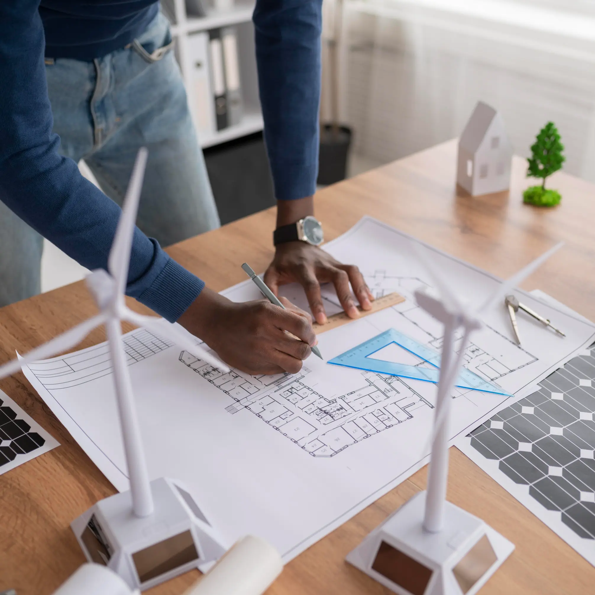 "Renewable energy engineer designing sustainable building layout with wind turbine models and solar panel blueprints on wooden desk"