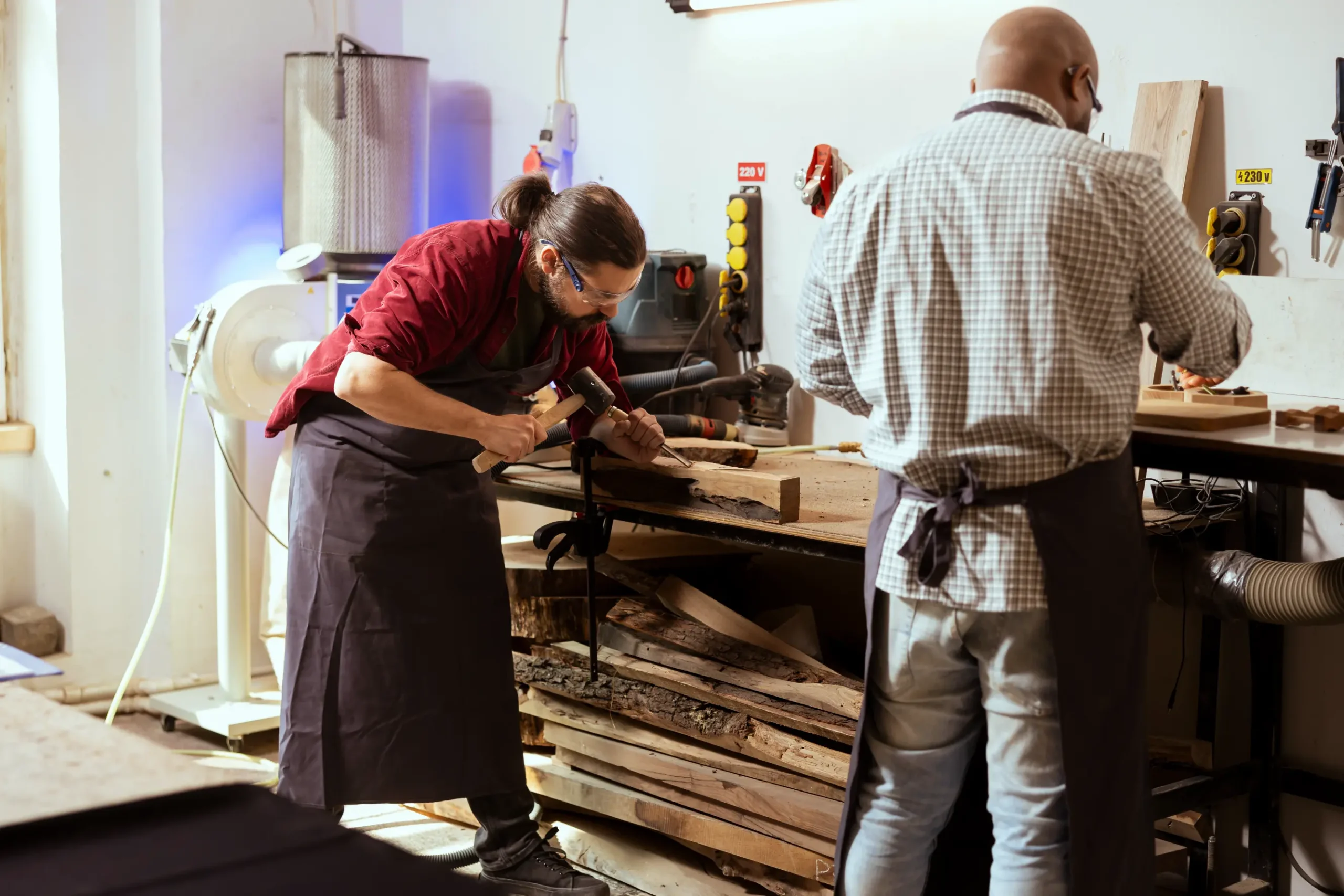 "Craftsmen working in woodworking workshop with chisels and hand tools wearing safety equipment"