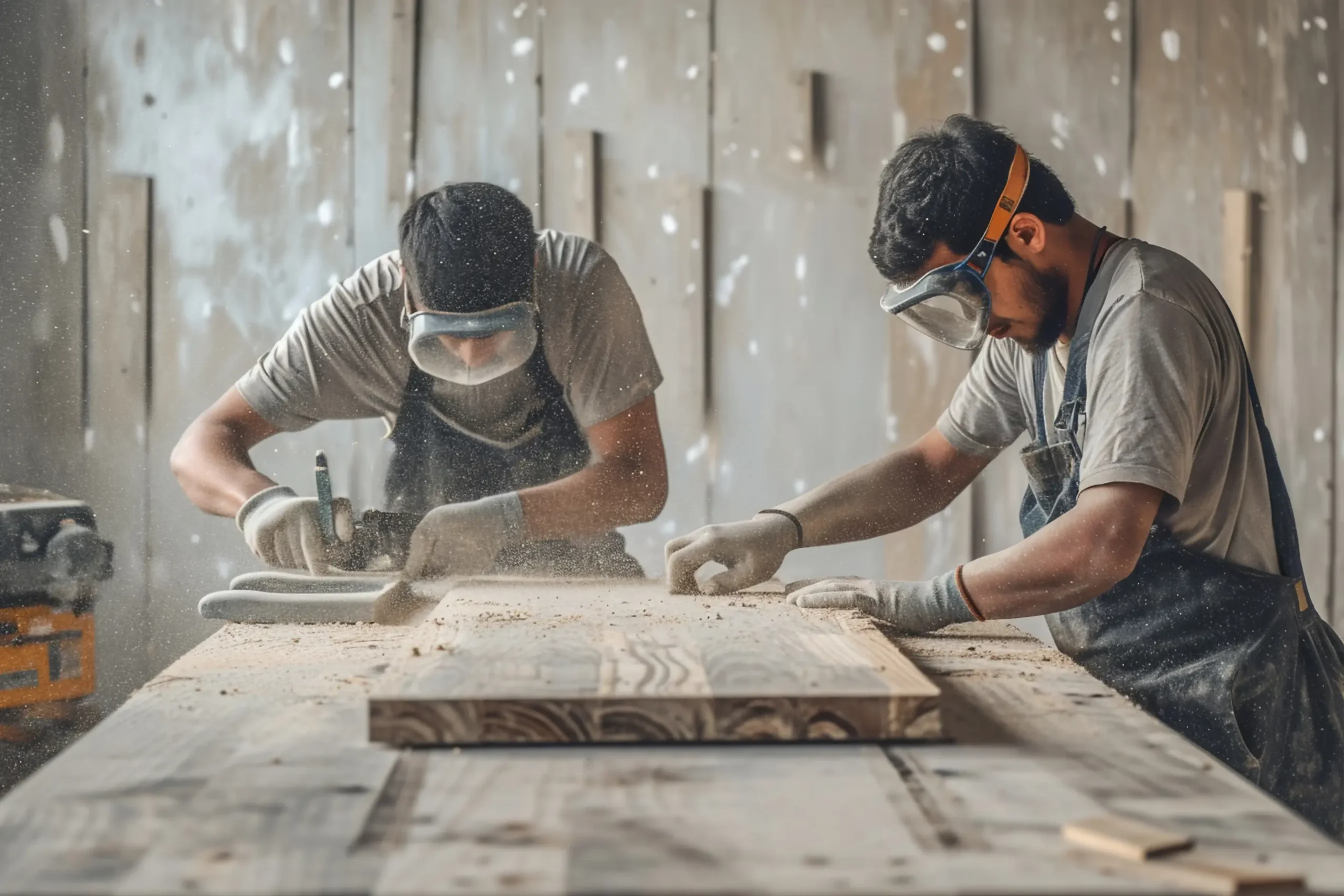 "Carpenters wearing safety gear sanding wooden furniture in workshop with sawdust particles visible"