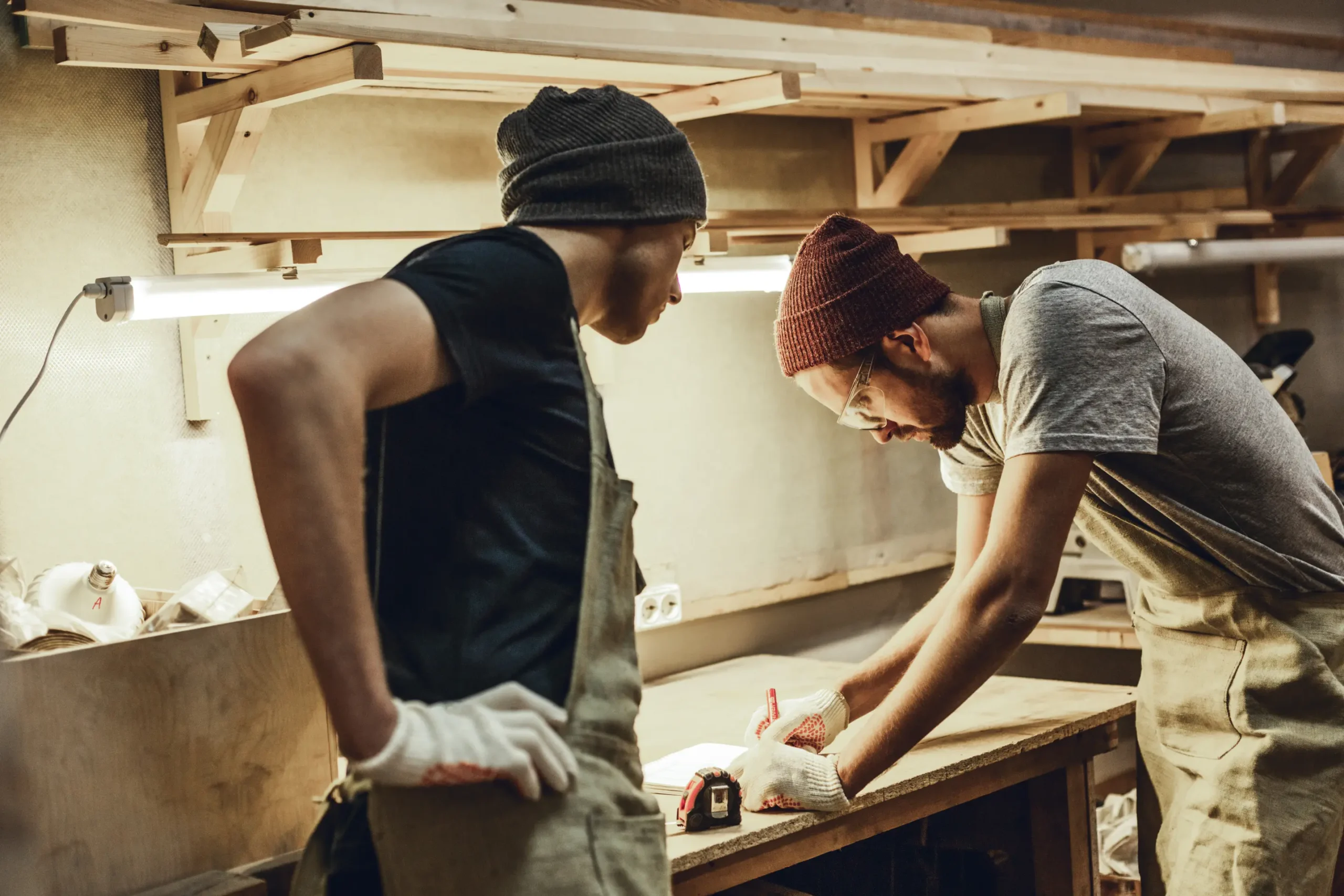 "Two craftsmen working in woodshop wearing beanies and protective gloves at workbench under workshop lighting"