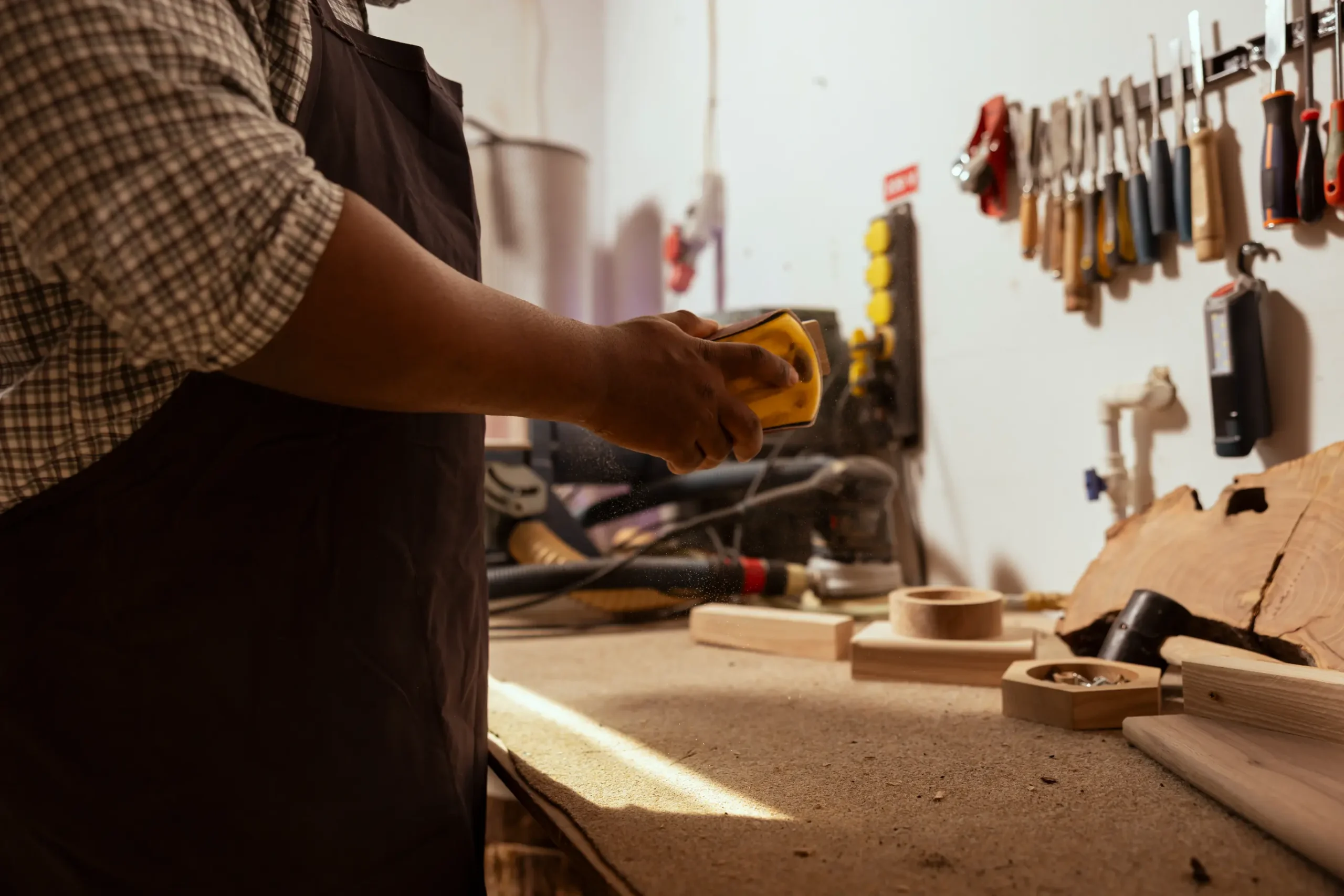 "Craftsman sanding wood in workshop with hand tools and equipment on wall"