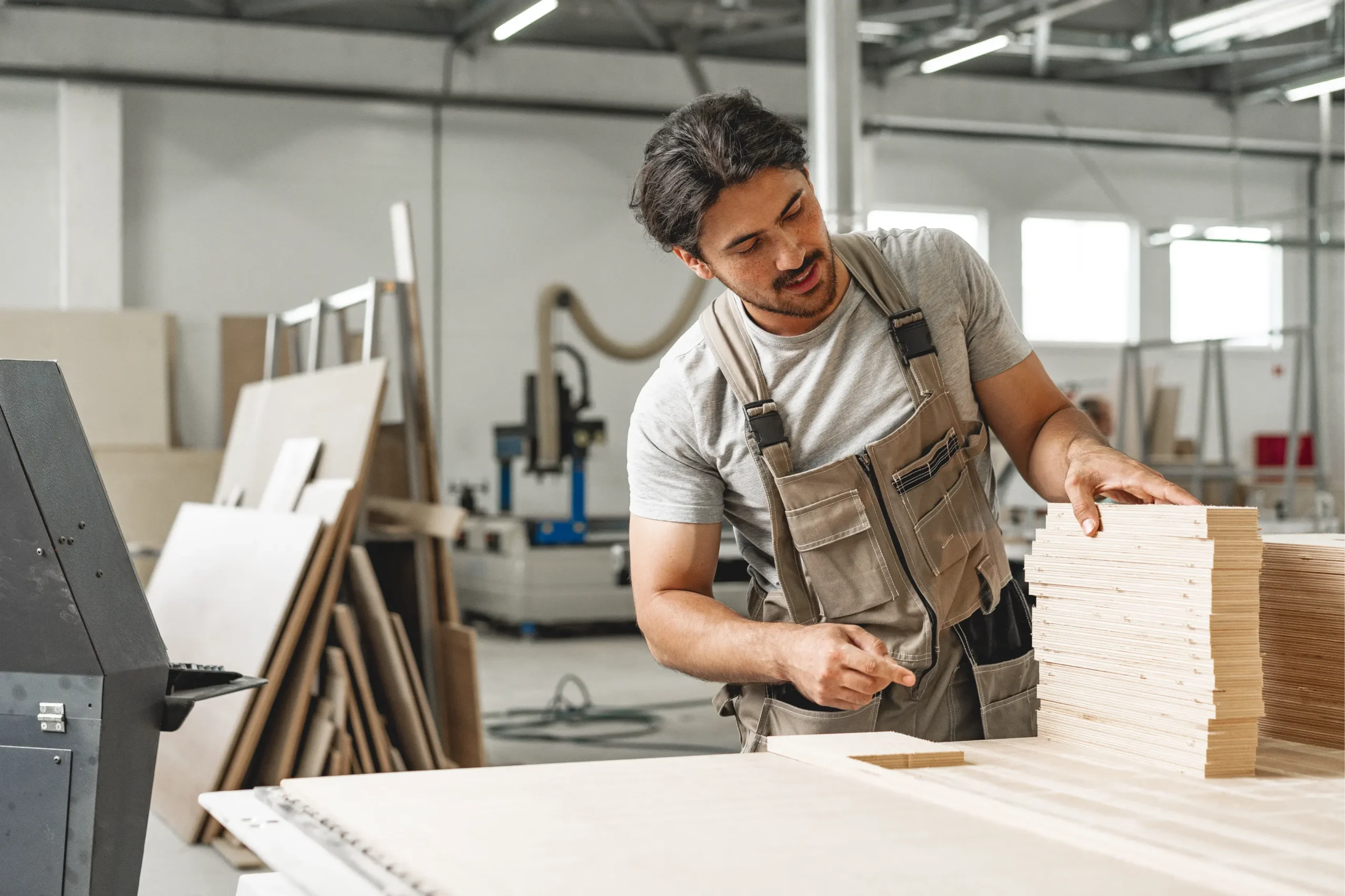 "Professional carpenter examining wood planks in modern workshop wearing safety workwear"