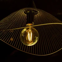 "Modern LED filament pendant lamp with geometric wire shade design against dark background"